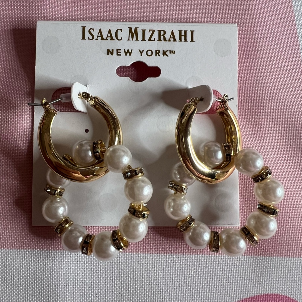 Isaac Mizrahi Gold and Cream Pearl Hoop Earrings